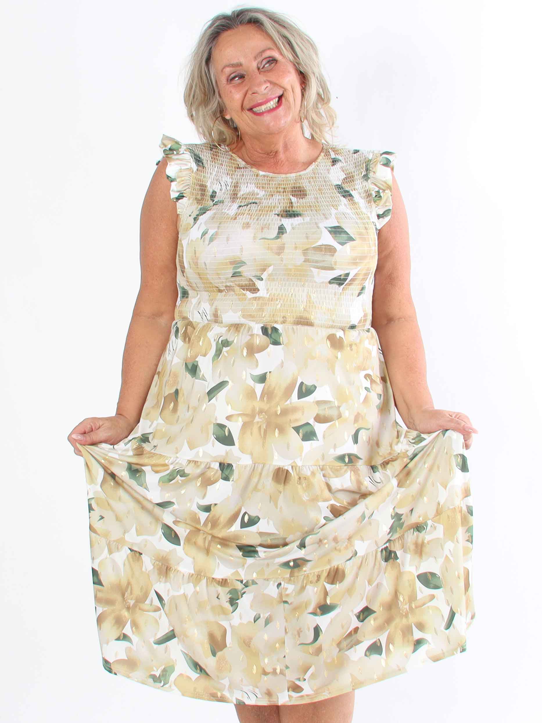 Kelly Floral Sleeveless - Blommig plus size-klänning med smockat bröst